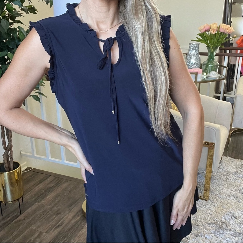 NWT Tommy Hilfiger Sleeveless Round Ruffle Neck Tie Up Navy Relaxed Top Shirt L